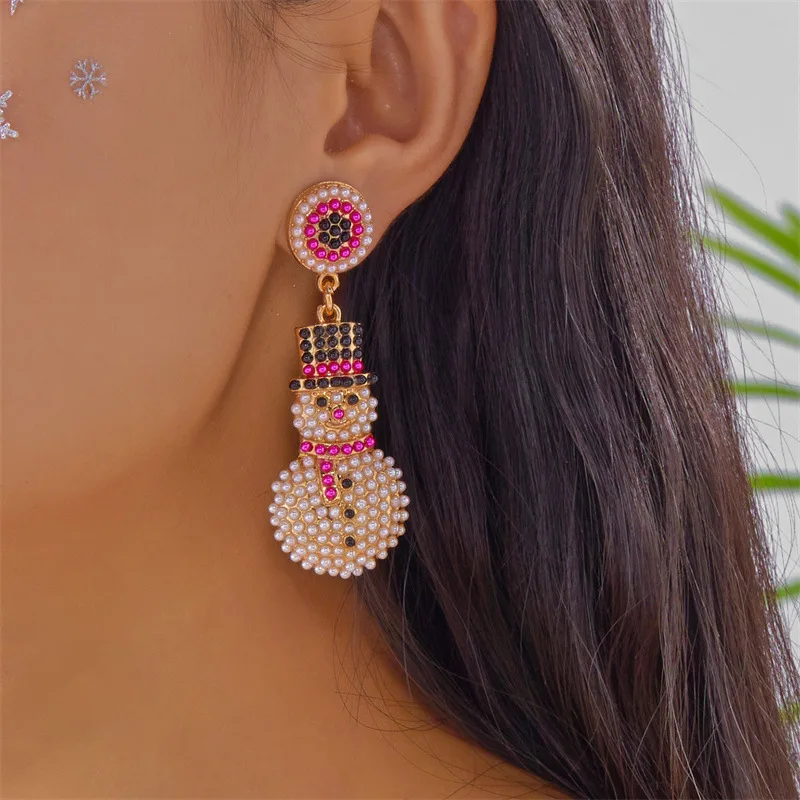 Fashion flash diamond personalized snowman earrings women's diamond-encrusted light luxury Christmas party gift high-end earring