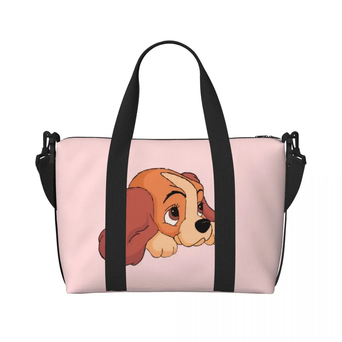 

Custom Lady And The Tramp Anime Beach Tote Bag for Women Extra Large Gym Carry On Cute Cartoon Travel Shopping Bags
