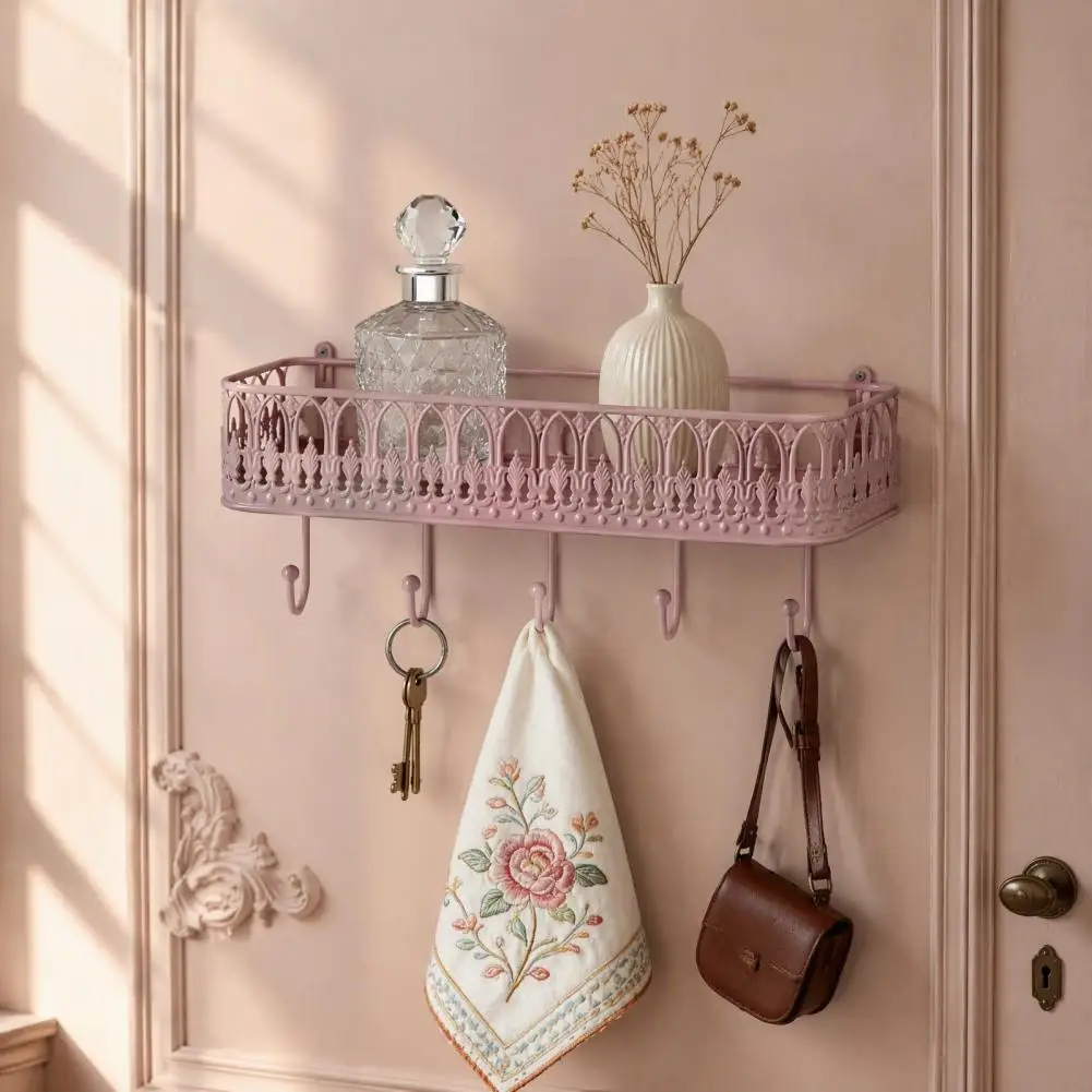 Wall Mounted Storage Rack Kitchen Wall Organization Rack Wall Mounted Floating Shelves with Hooks Metal Key Holder Mail for Room