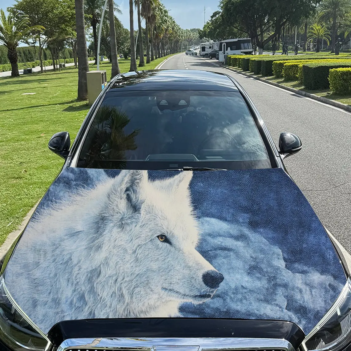 

Car Decal White Wolf Amid Frosty-Hued Background & Artistic, Tranquil-Mystical Visual Details Car Hood Sticker, Waterproof Self