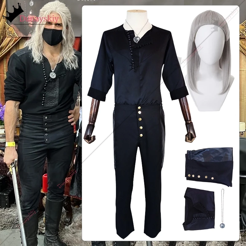 Witcher Cosplay Costume White Wig Geralt Black Top Pants Uniforms Men Anime/Halloween Outfit Roleplay Medieval Classical Clothes