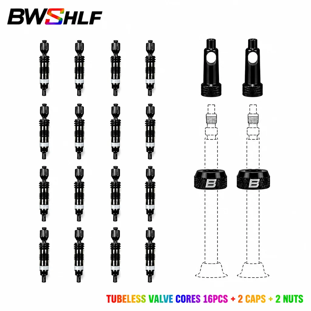 BWSHLF 16 Pcs Black Tubeless Bike Presta Valve Core Replacement with 2 Remover Caps and 2 Nuts for MTB/Road Bike Tubeless Tires