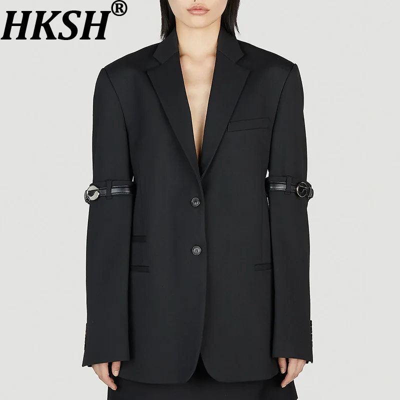 

HKSH осенний новый женский дизайнерский пиджак с индивидуальным лоскутным поясом, украшение, облегающий элегантный модный уличный пиджак HK9048