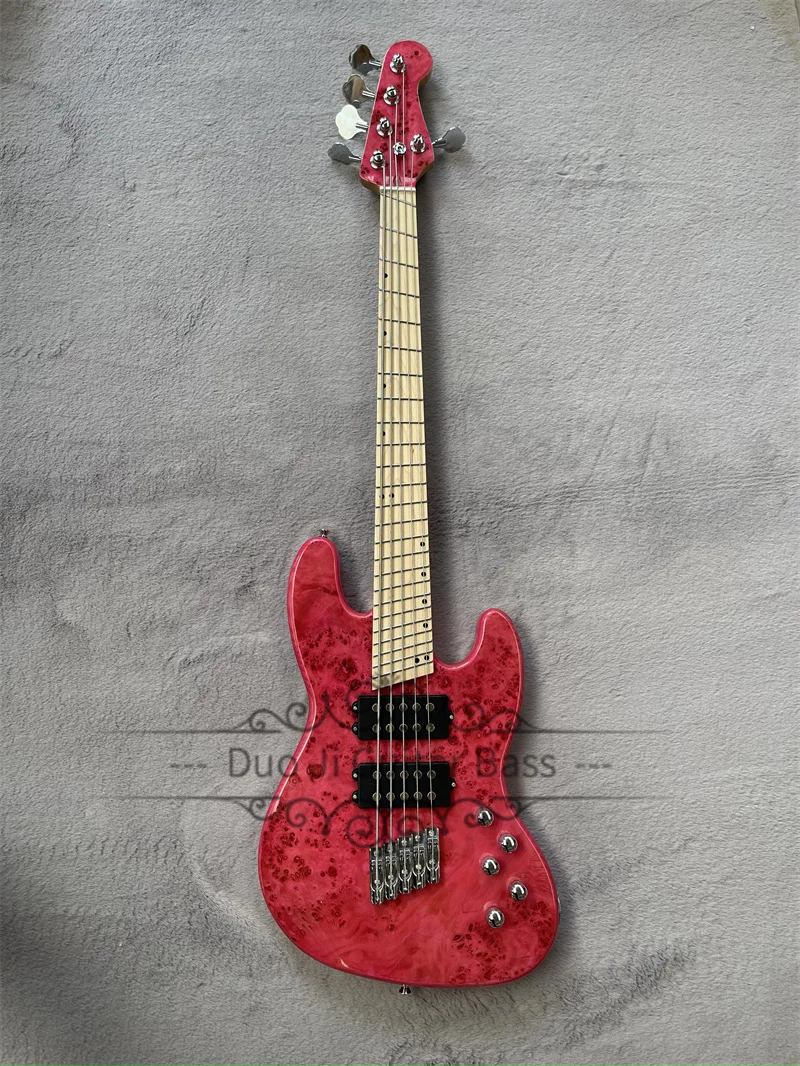 5 Strings Bass Guitar Red Bass Maple Neck ASH Wood Body Burl Maple Top Fan Maple Finerboard Merdeka Bridge Active Battery