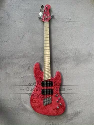 5 Strings Bass Guitar Red Bass Maple Neck ASH Wood Body Burl Maple Top Fan Maple Finerboard Merdeka Bridge Active Battery