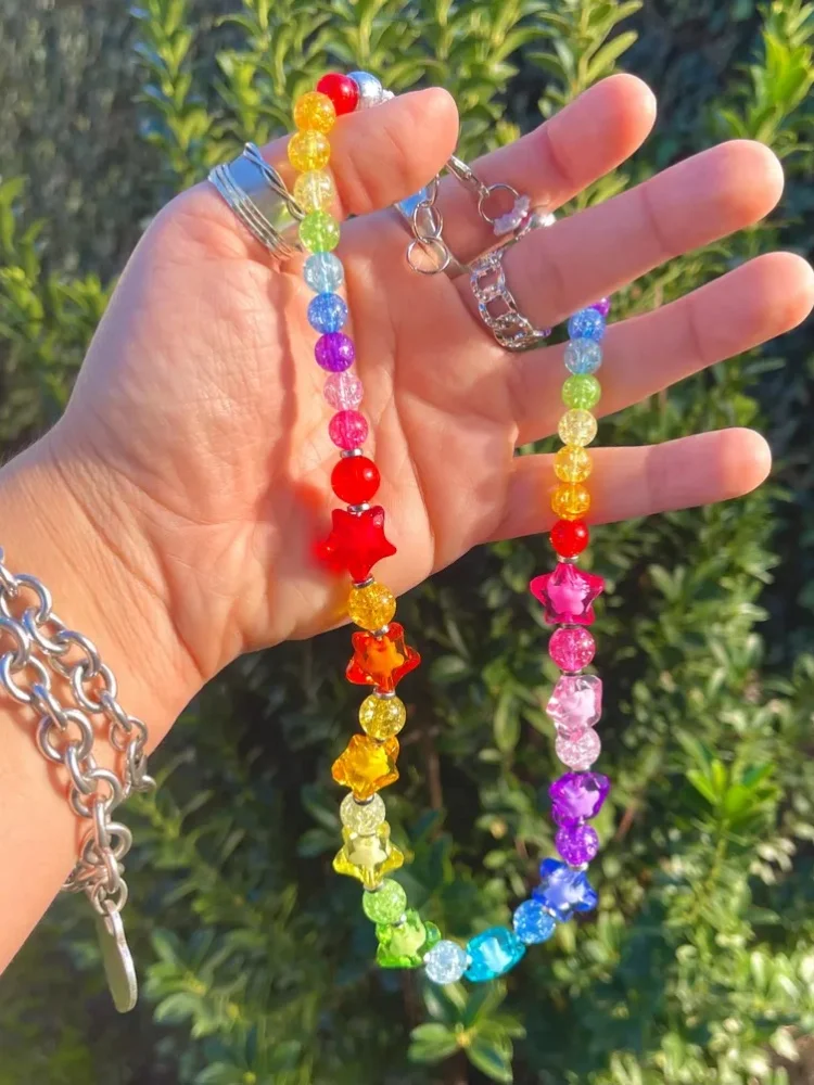 Y2K Handmade Rainbow Jelly Star Bead Necklace - Cute Aesthetic Y2K Jewelry for Women Girls Daily Party Gift