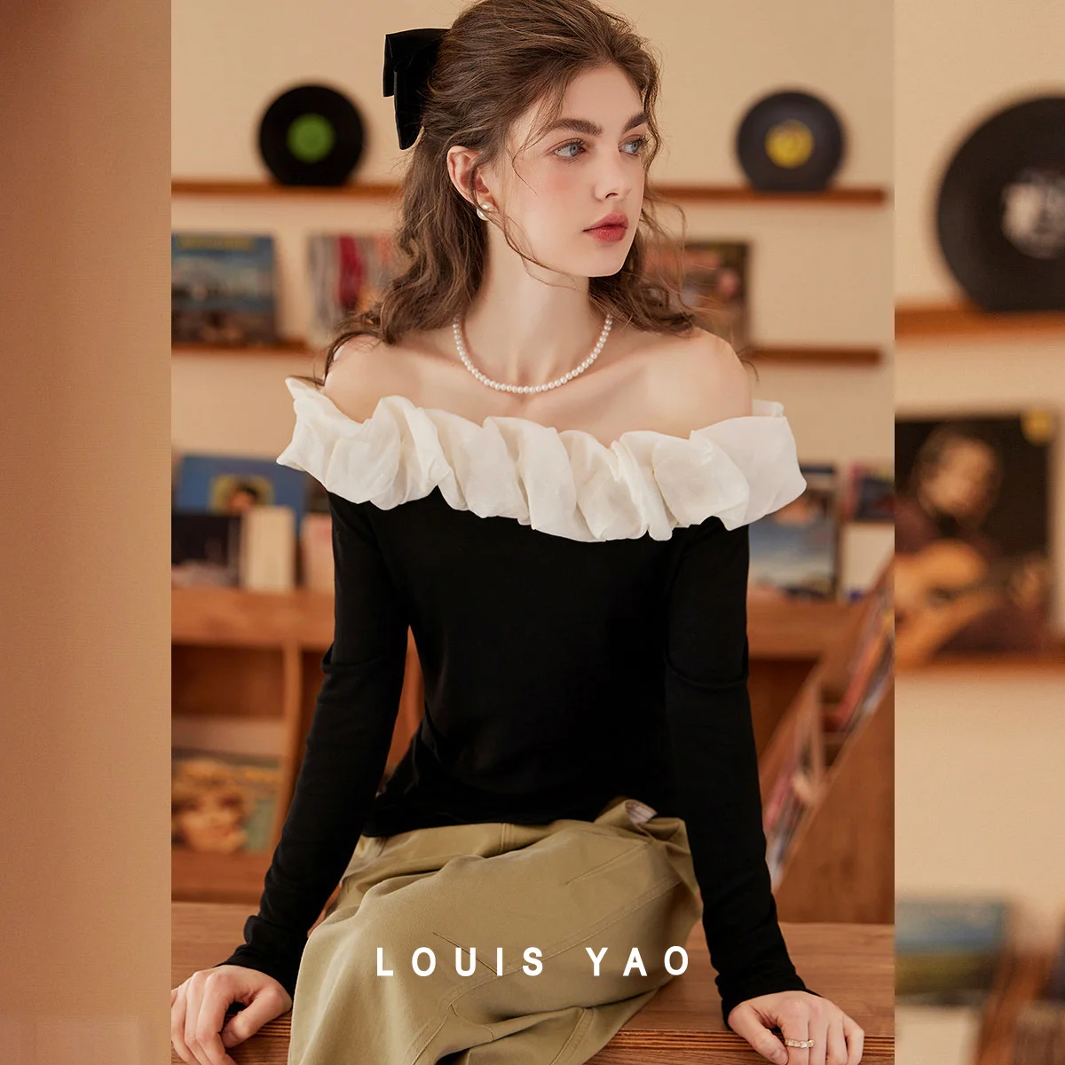 

LOUIS YAO French Elegance Slash Neck Tees 2025 Spring/Autumn Contrast Colors Flounced Edge Micro-Stretch Slim Women's T-Shirt