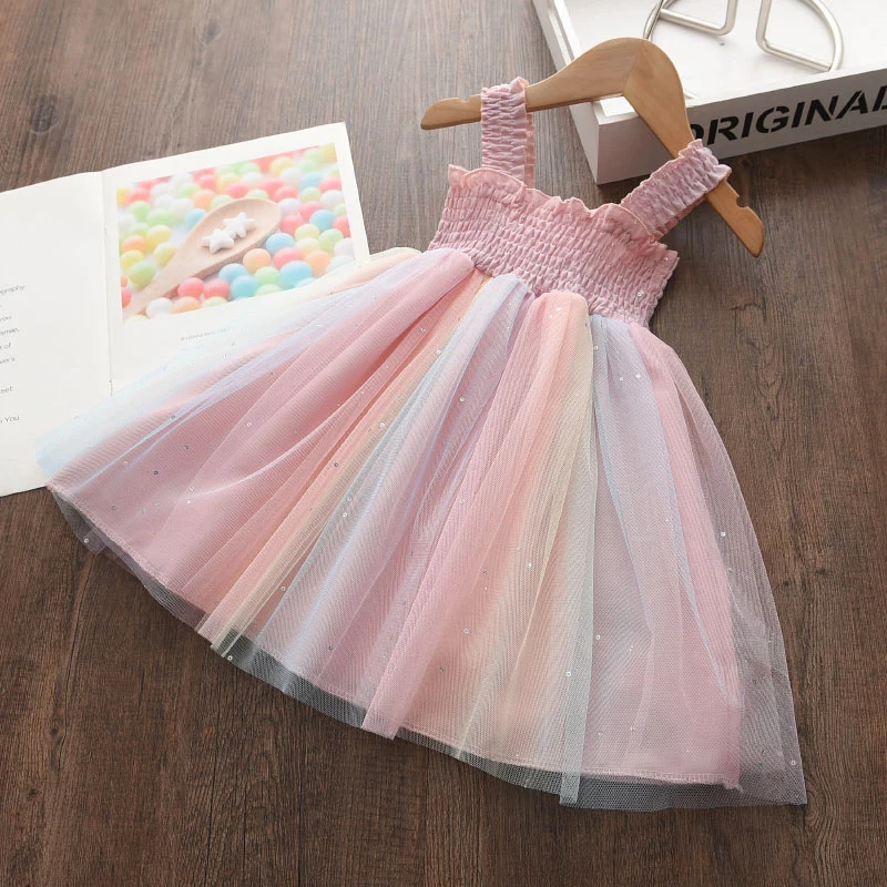 Bear Leader New Kids Dresses for Girls Sleeveless Dress Sequined Party Costume Mesh Summer Puffy Dress Rainbow Children Clothing