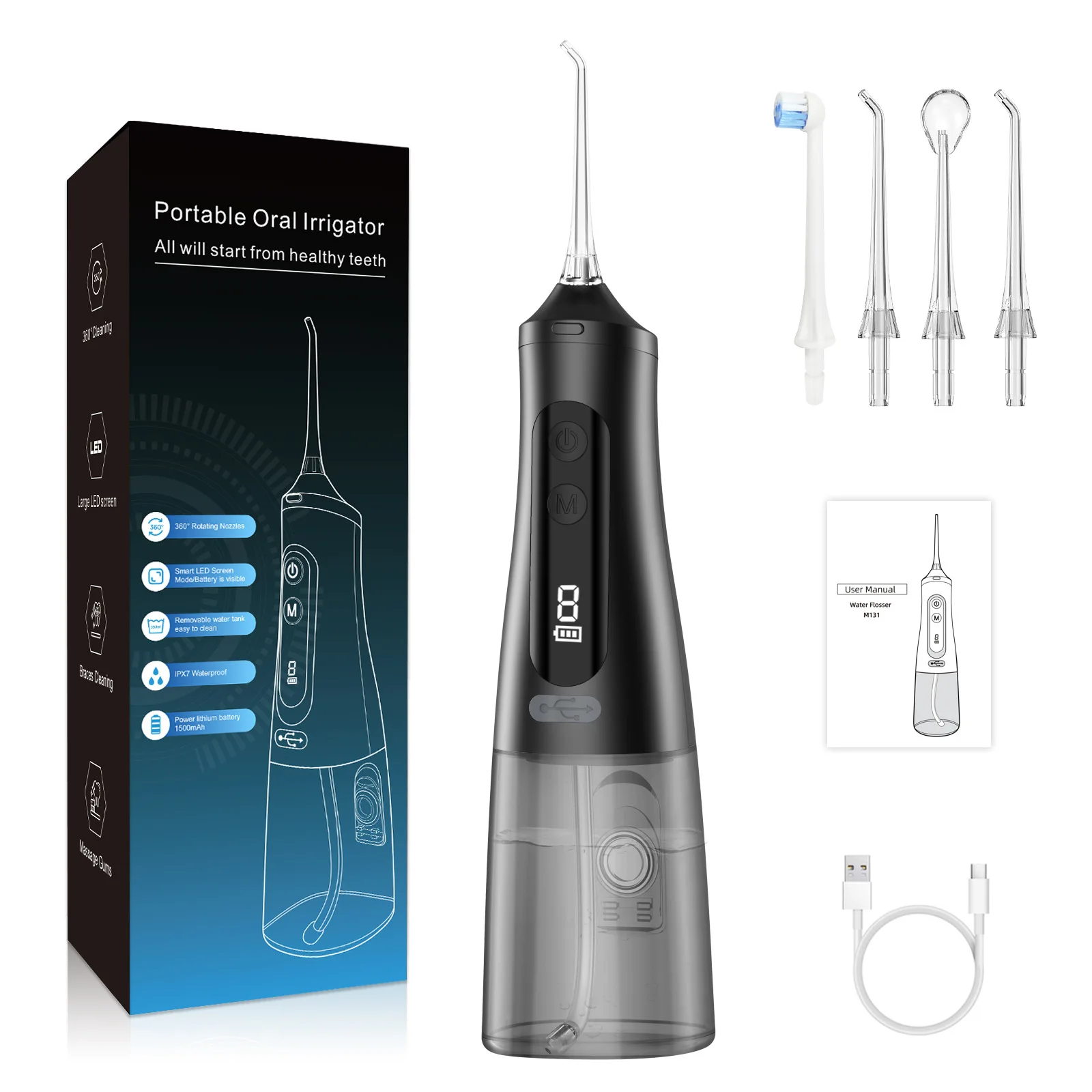 

Dental Oral Irrigator Water Flosser Smart Display 9Mode Portable Water Jet Floss Rechargeable Tooth Pick 350ML Teeth CleanerIPX7