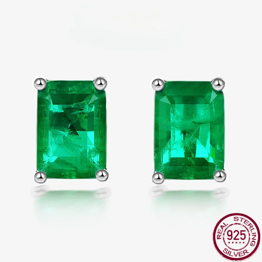 

New 925 silver 1ct rectangular 5 * 7 synthetic emerald earrings ins high carbon diamond earrings engagement jewelry