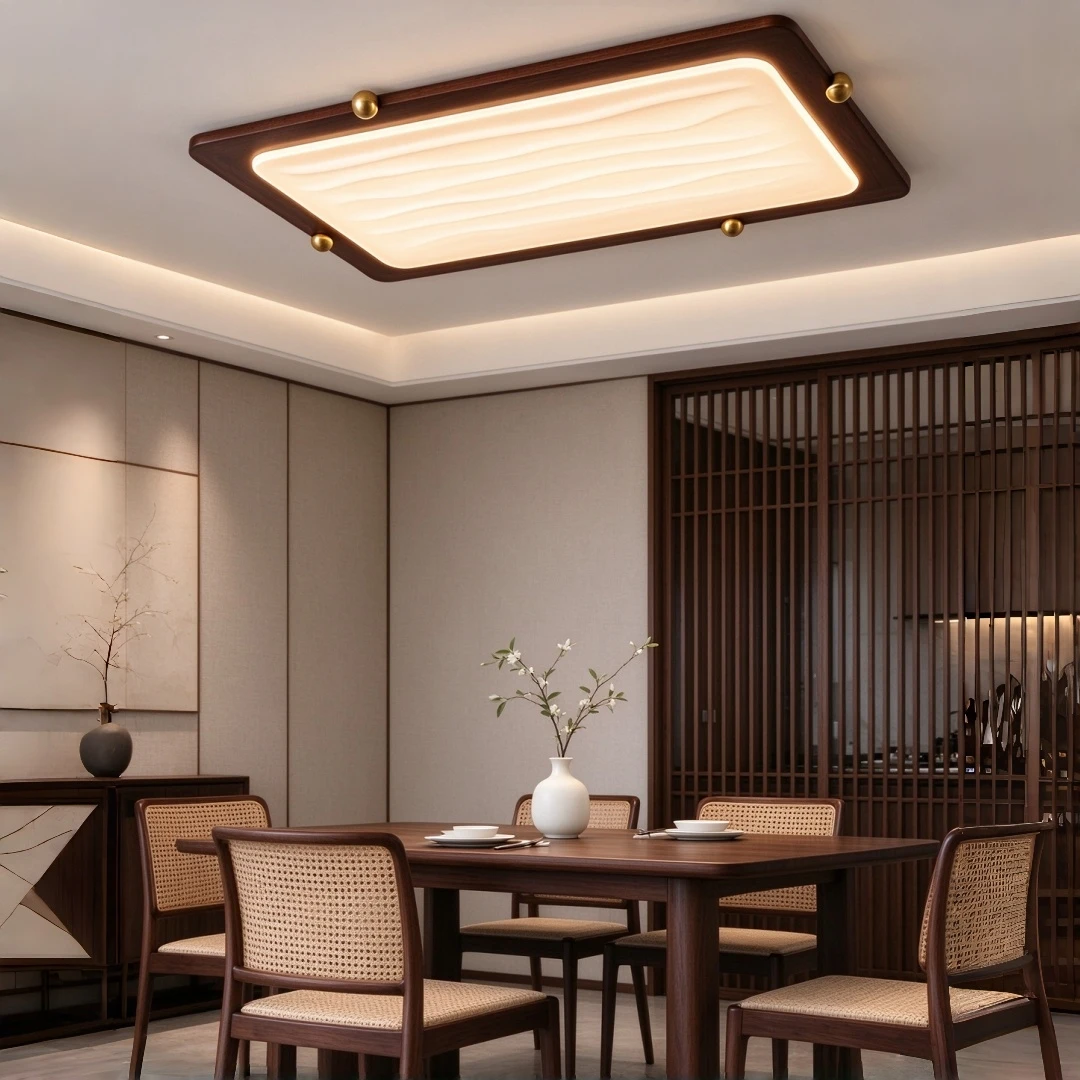 Mid-Century Rectangular Flush Mount Ceiling Light Wood Grain Frame Wave Textured Panel Brass Decor LED Lamp For Living Room Deco