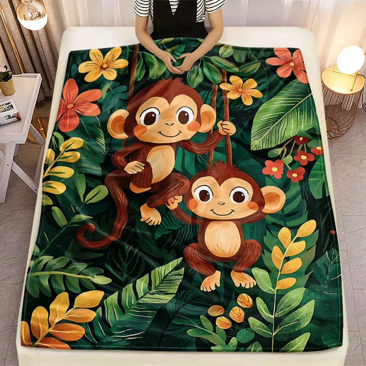 

Флисовое одеяло с изображением обезьяны, джунглей, приключений, мультяшные животные, зеленые листья, цветочный принт, фланелевое покрывало, декор для детской комнаты, милые мягкие дети