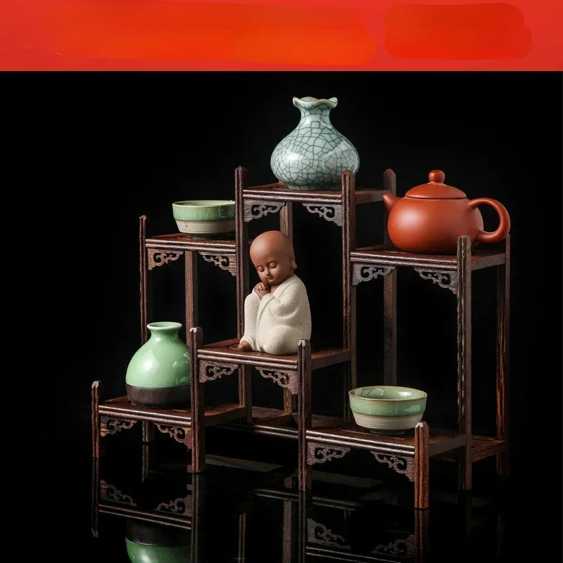 Small Solid Wood Ornamental Shelf - Home Decoration, Tea Set Stand, Teapot Display Shelves, Tabletop Decorative Rack