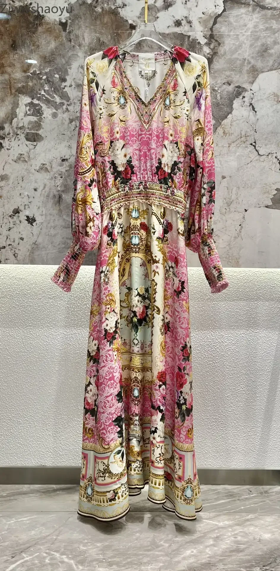 

High Quality Autumn Women Fashion Runway Designer 100% Silk Colorful Flower Printed V-Neck Bohemian Long Dress for Holiday