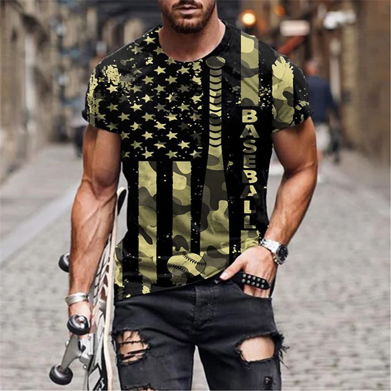 Y2K Summer New Mens Oversized Vintage Short Sleeve T Shirt Camouflage Striped Print O Collared Graphic T Shirts For Men Playeras