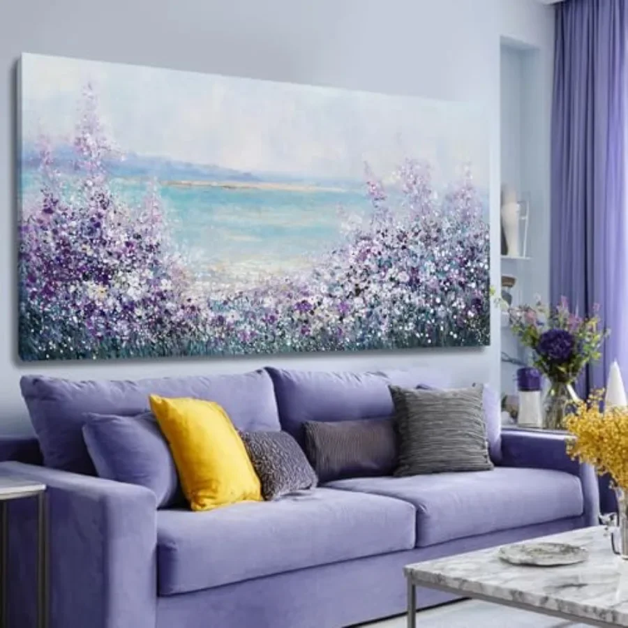 

Office and bedroom wall decor: purple and white framed canvas flowers painting, ocean theme, contemporary art poster, 24x48 inc