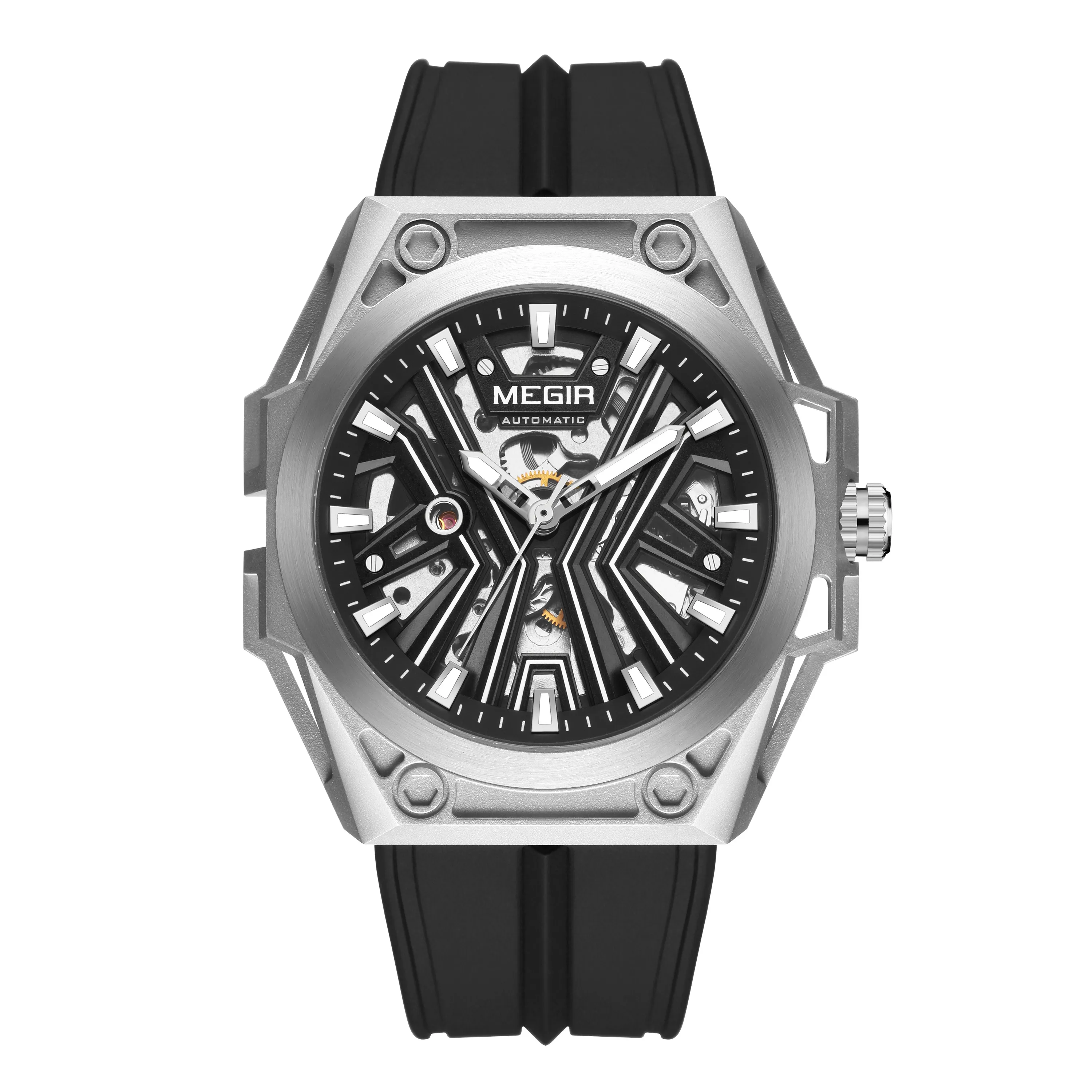 MEGIR New Stainless Steel Case Skeleton Mechanical Watch Waterproof Luminous Men Fully Automatic Wristwatch Silicone Strap Watch