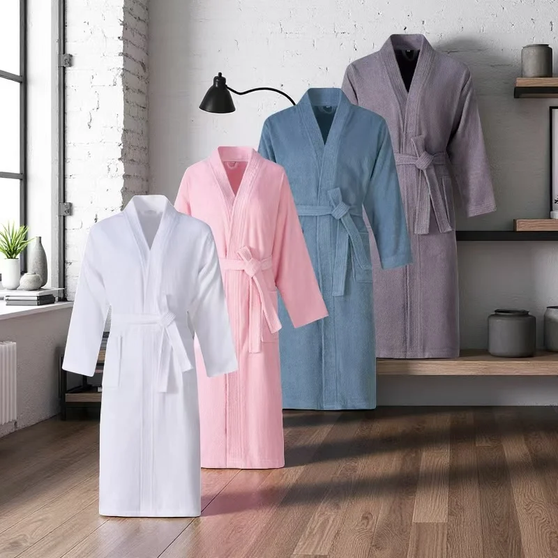 Unisex 100% Cotton Terry Bathrobe Long Kimono Style Sleepwear for Spa Hotel Soft Water Absorbing Towel Dressing Gown plus Size