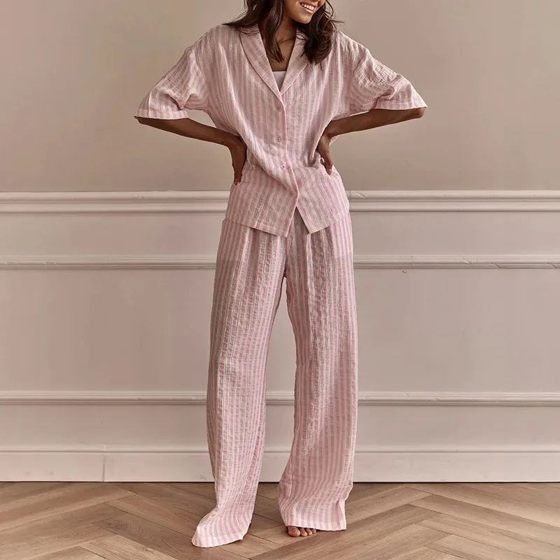 2026 Autumn New Women's Loungewear Set Striped Long Sleeve Cardigan Comfortable Home Leisure Outfit European American Style L