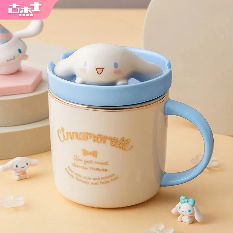 Para tazas de cerámica Sanrio, bonita taza de agua con tapa de muñeca 3D de Hello Kitty, tazas de café con leche de 320ml, regalos para niños, artículos para beber para el hogar/oficina