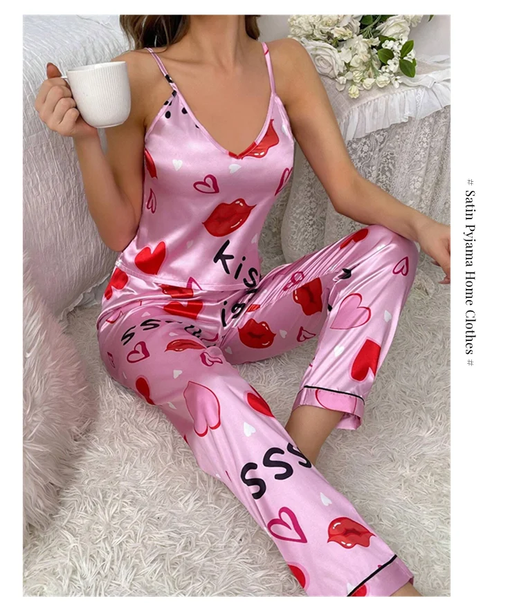 Damen-Pyjama-Sets aus Satin mit Blumenmuster, Spaghettiträger-Oberteilen und langen Hosen, Nachtwäsche, 2-teilig, ärmellos, Heimkleidung, Loungewear – Detail 7