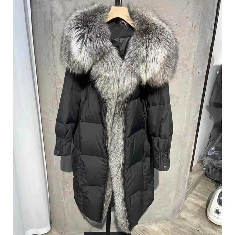 2024 Real Fur Coat Women Winter Real Silver Fox Fur Collar White Goose Down Jacket Long Thick Warm Luxury Parka Female Outwear