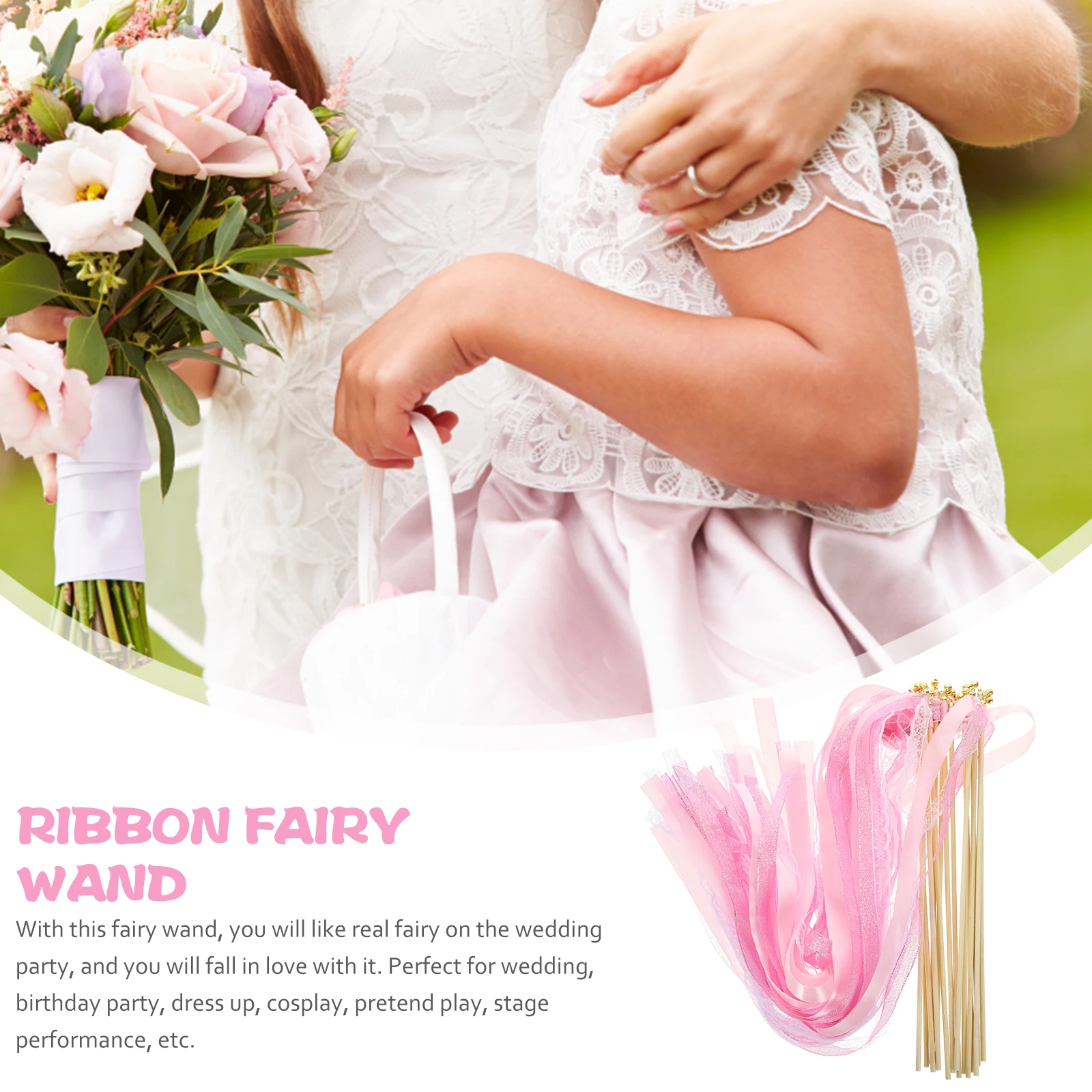 

30 Pcs Wedding Fairy Pink Lace Ribbon Streamers Bell Sticks Wooden Dance Ribbons Elegant Party Accessories