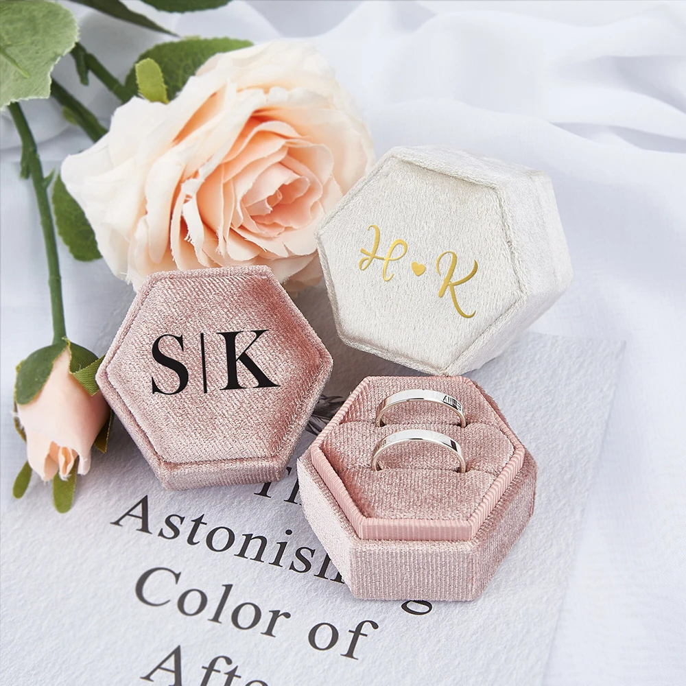 Personalized Hexagon Velvet Ring Box Custom Wedding Engagement Double Slot Monogram Ring Bearer Bride and Groom Exclusive Gift