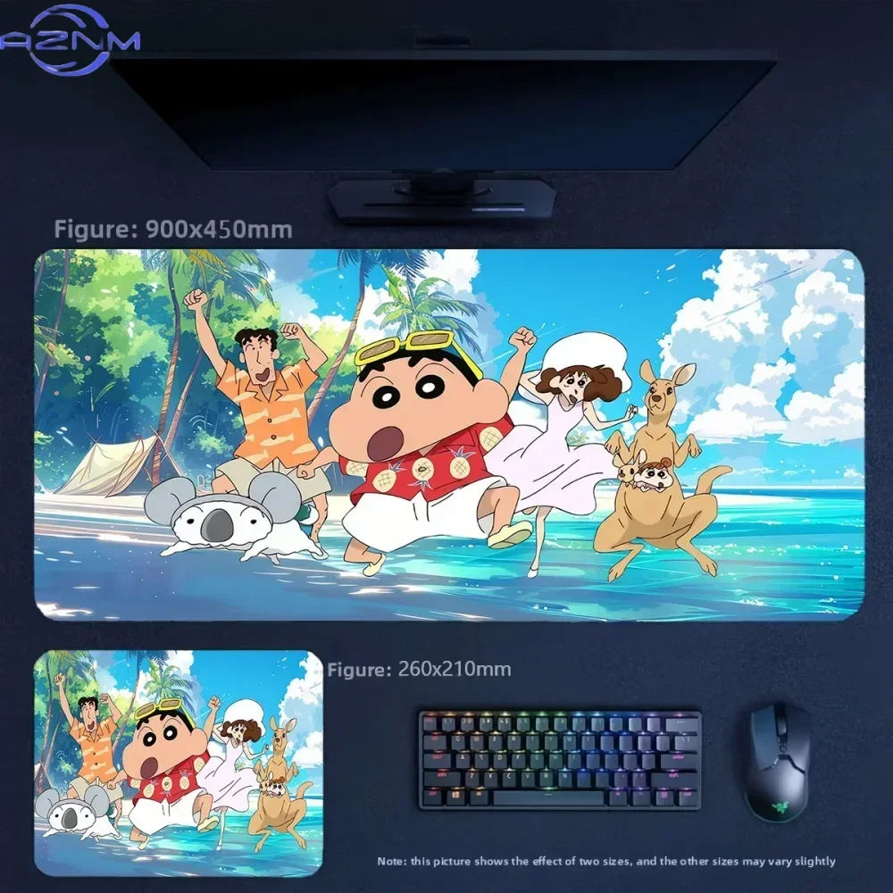 Anime Crayon Shin-chan Family Beach Vacation Large Mousepad Rubber Non-Slip Gaming Desk Mat Keyboard Pad for Home Office Decor