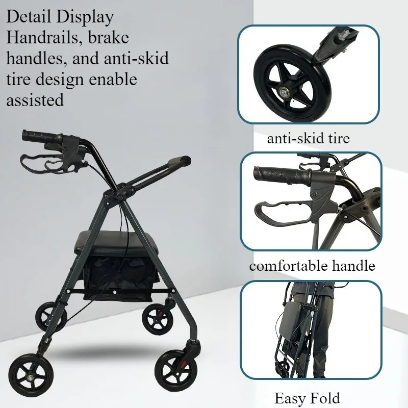 عربة تسوق منزلية لكبار السن مع عجلات مع مشاية للجلوس وقابلة للطي بأربع عجلات