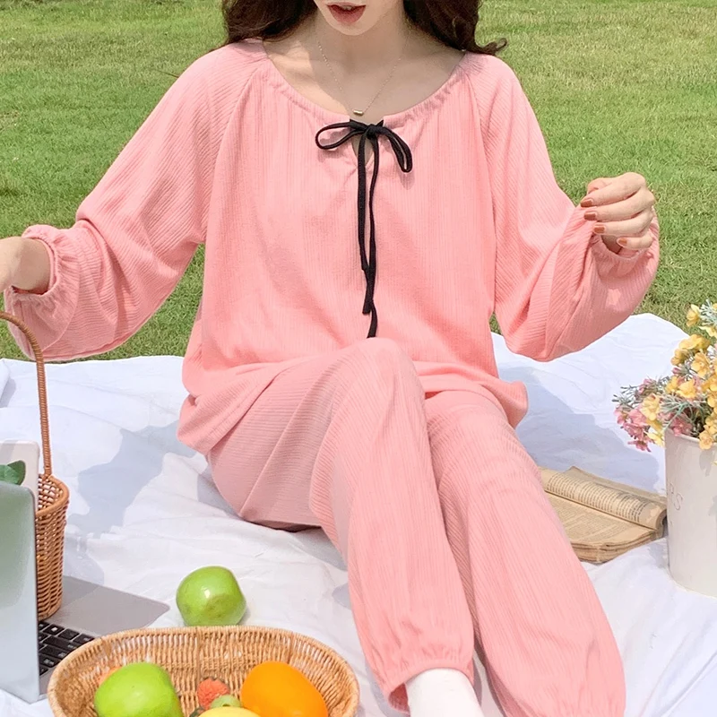 2024 Spring Long Sleeve Cotton Pajama Sets for Women Korean Cute Bow Sleepwear Pyjama Pijama Mujer Homewear Ladies Home Clothes