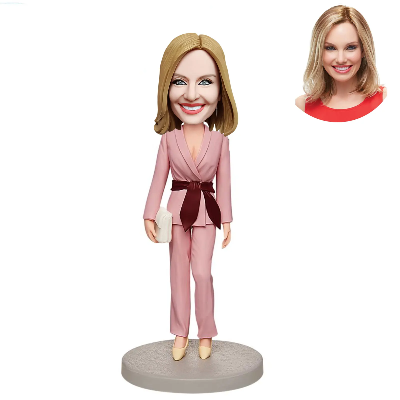 

Custom Bobblehead Figurine Female Boss Pink Suit Office Lady Custom Bobblehead with Engraved Text