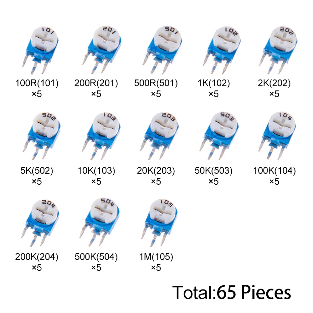 65PCS 100R 13Values RM063 Vertical Va riable Resistors Kit (100R-1MΩ) for PCB Circuit Adjustment 1MΩ