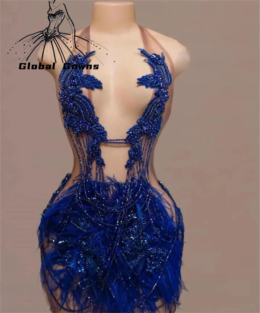 King Blue Mini Birthday Dress For Women Luxury 2024 Crytsal Feathers Short Prom Gowns Halter Vestidos De Customized