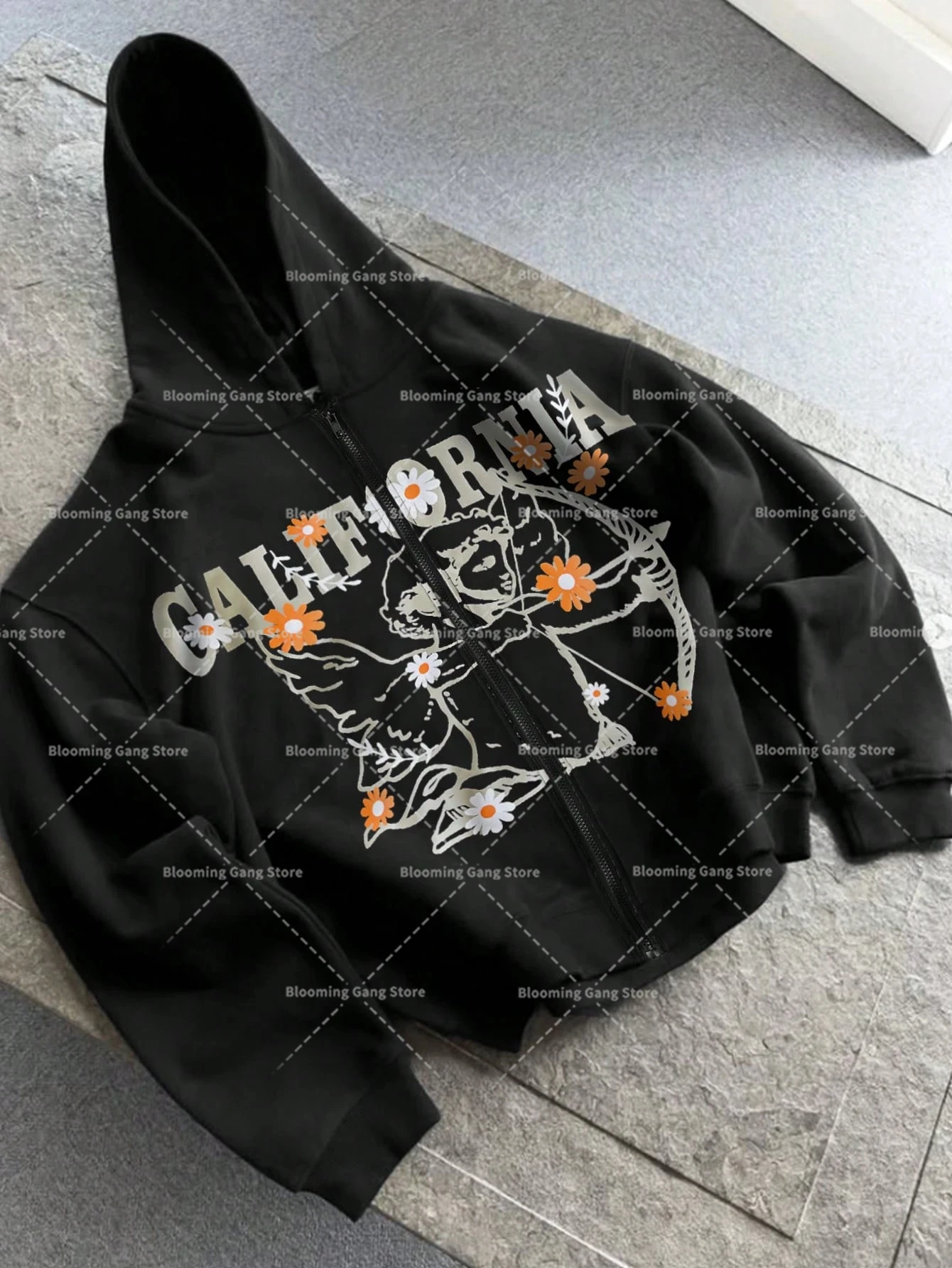 

Daisy Cupid Pattern White Print Zip Up Hoodies New Spring Autumn Creative Unique Street Wear Couples Black Hooded Women Jacket