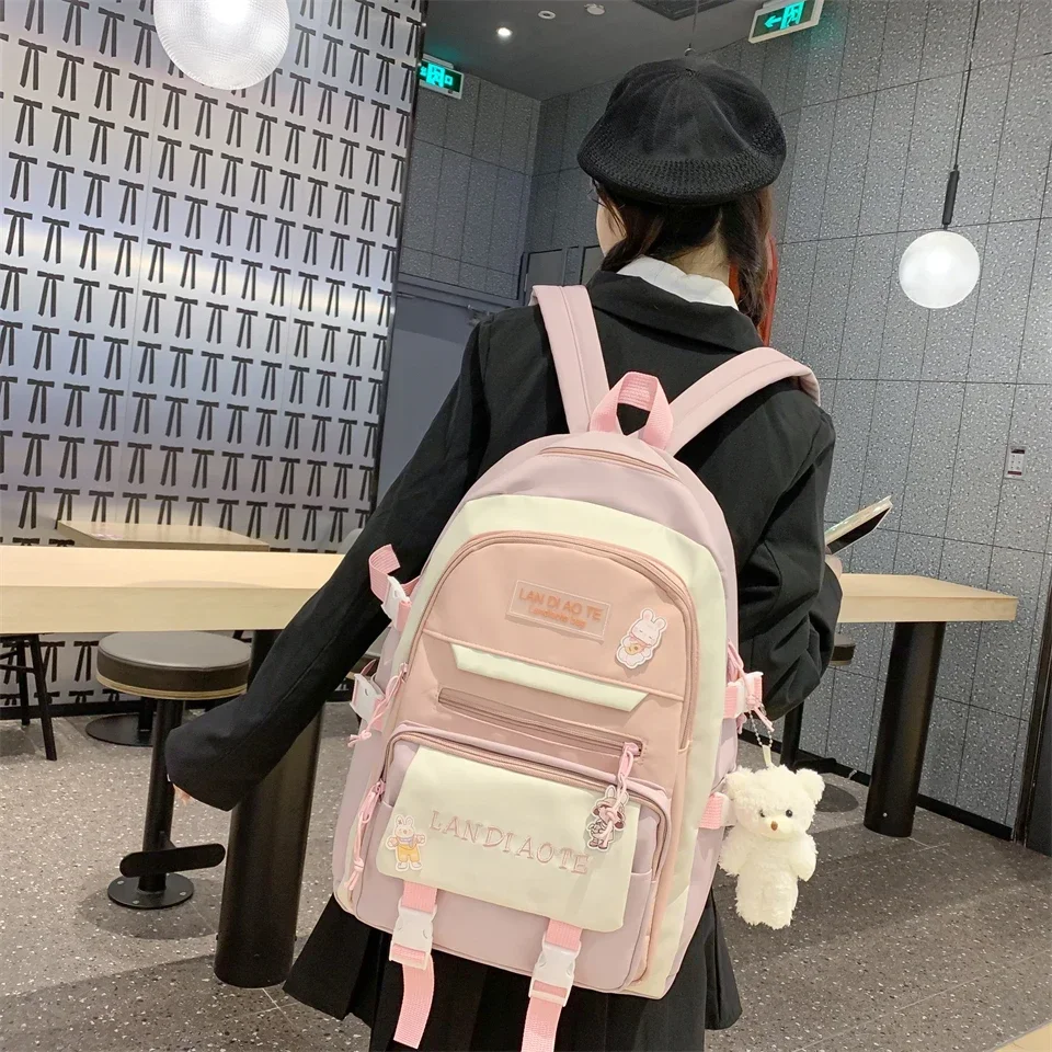 Fashion Kawaii Schoolbag for Teenage Waterproof Nylon Girls Bagpack Cute Women Laptop Backpack Travel Bag Black Pink Bookbag