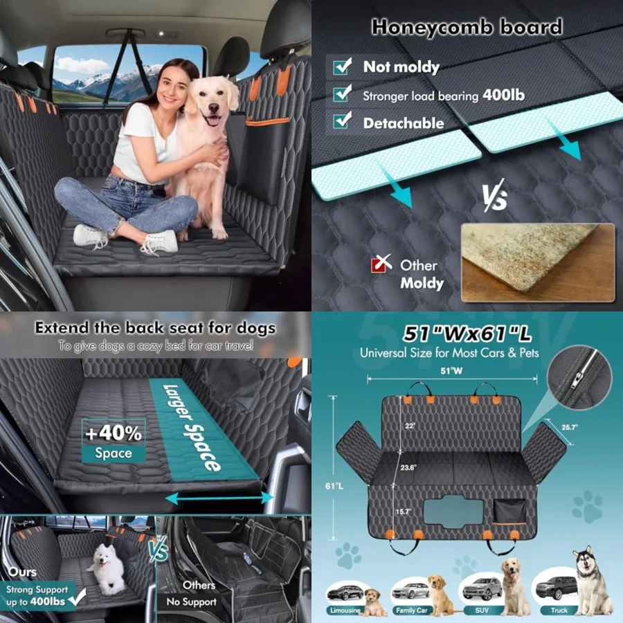 

Back Seat Extender for Dogs-Supports 400lb, Waterproof Dog Car Seat Cover Hard Bottom-Detachable, 600D Heavy Duty Scratch Proof