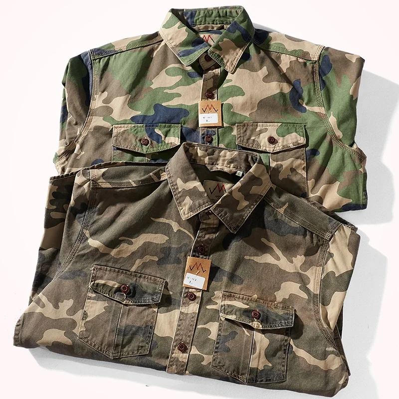

Military Style Camouflage Work Shirt Men's Casual Top Coat Versatile Pure Cotton Washed Long Sleeve Shirt with Pocket