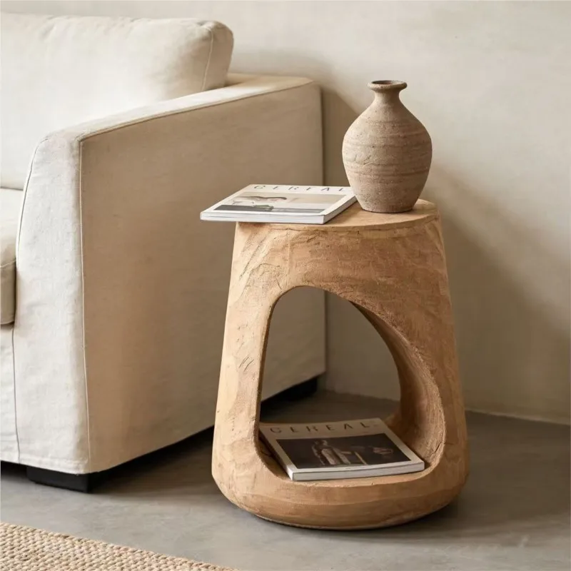 MOMO Wabi-Sabi Style Living Room Imitation Wood Side Table Art Corner Table Magnesium Oxide Material Bedside Table Cat Hole
