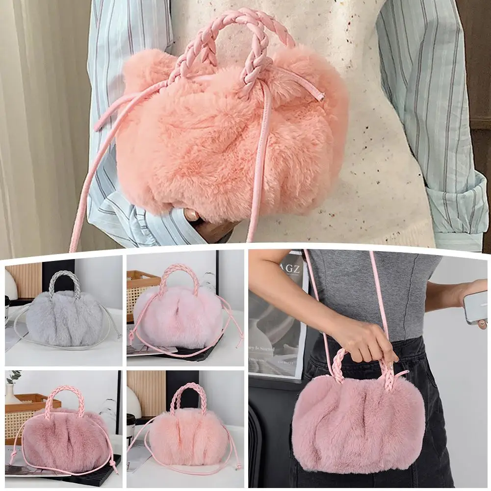 Pink Crossbody Pumpkin Plush Bags Women's New Tote Bags Fashion Niche Plush Clouds Material Pleated Faux U6G5