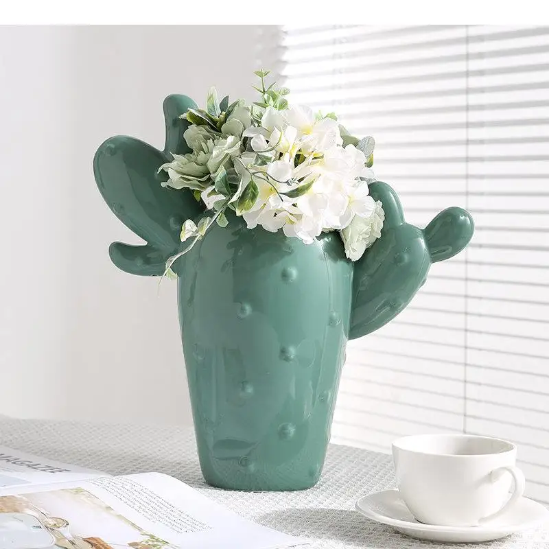 Imitated Cactus Ceramic Vase Desk Decoration Artificial Flowers Decorative Flower Arrangement Modern Home Decor Floral Vases