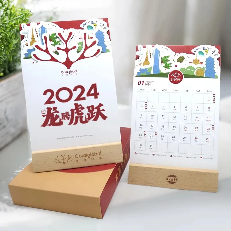 Customized. Wooden Desk Calendar 2025 New Office Entrance Decoration New Year Fun Hollow Card Desk Calendar Customization