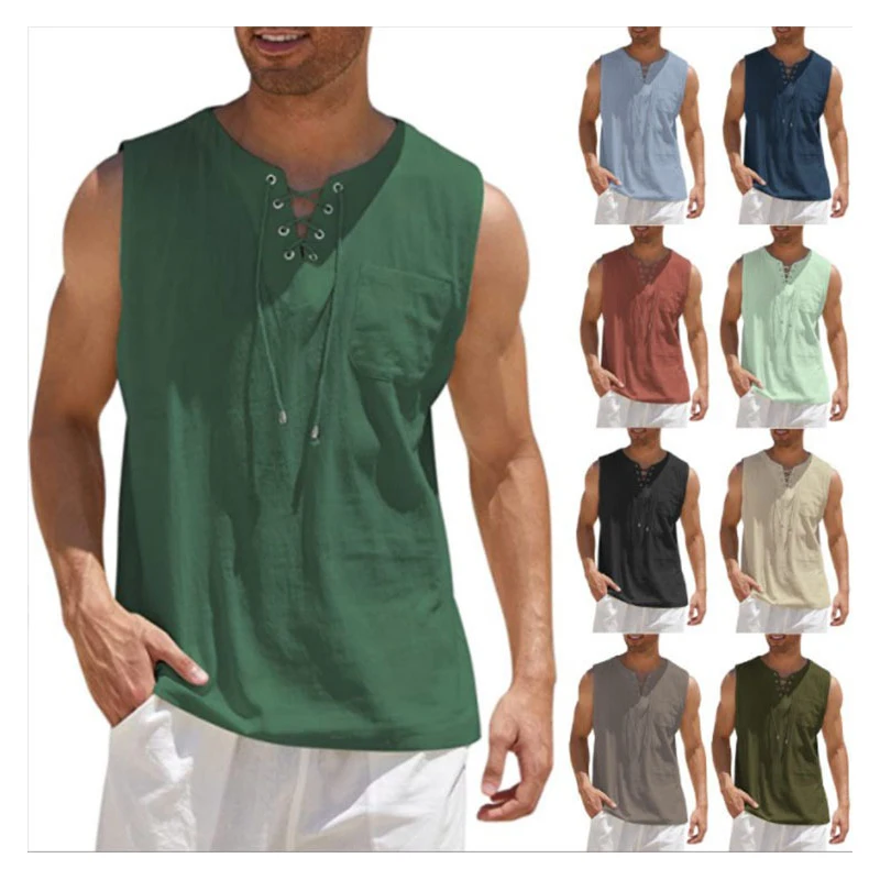 Summer men's solid color sleeveless vest, quick drying and breathable American tough guy style cotton and linen camisole T-shirt