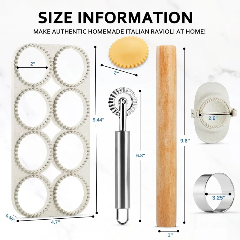 Ravioli Maker Press, Ravioli Press Mold Set – Runder Ravioli Stamp Maker Cutter mit Holz-Nudelholz, 2,6 Empanada Maker Press