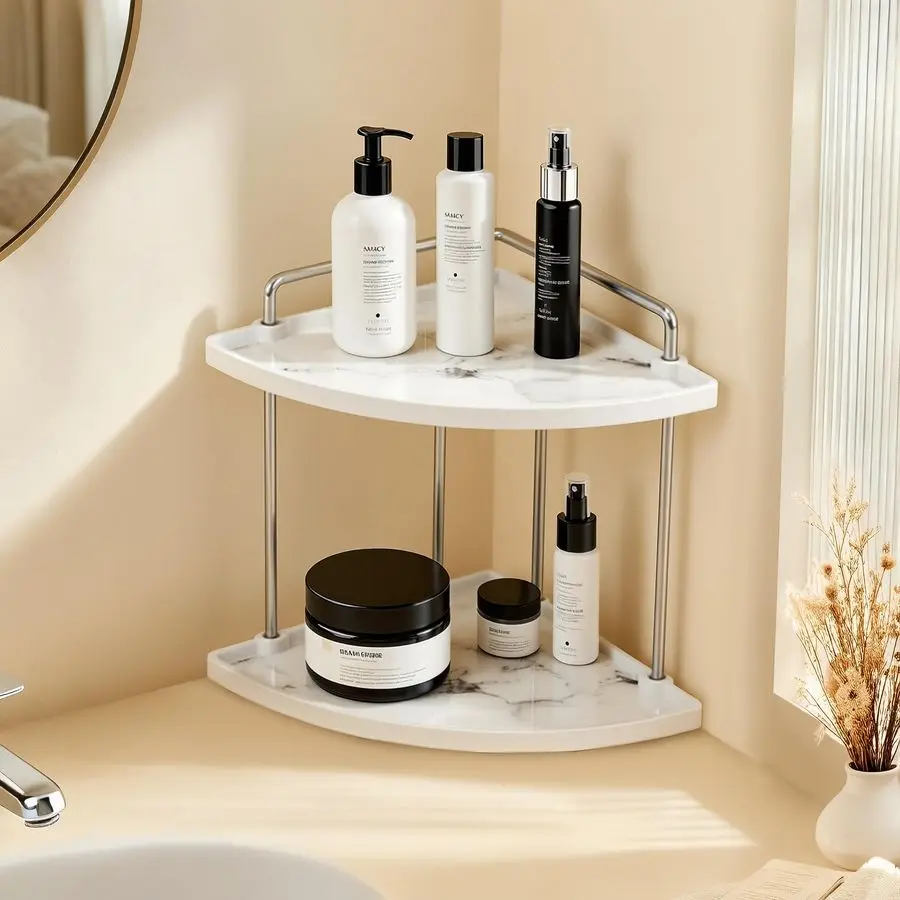 Hancrafted Ceramic Corner Bathroom Counter Organizer, 2Tier Bathroom Countertop Organizer with Marble Pattern, Vanity Skincare P