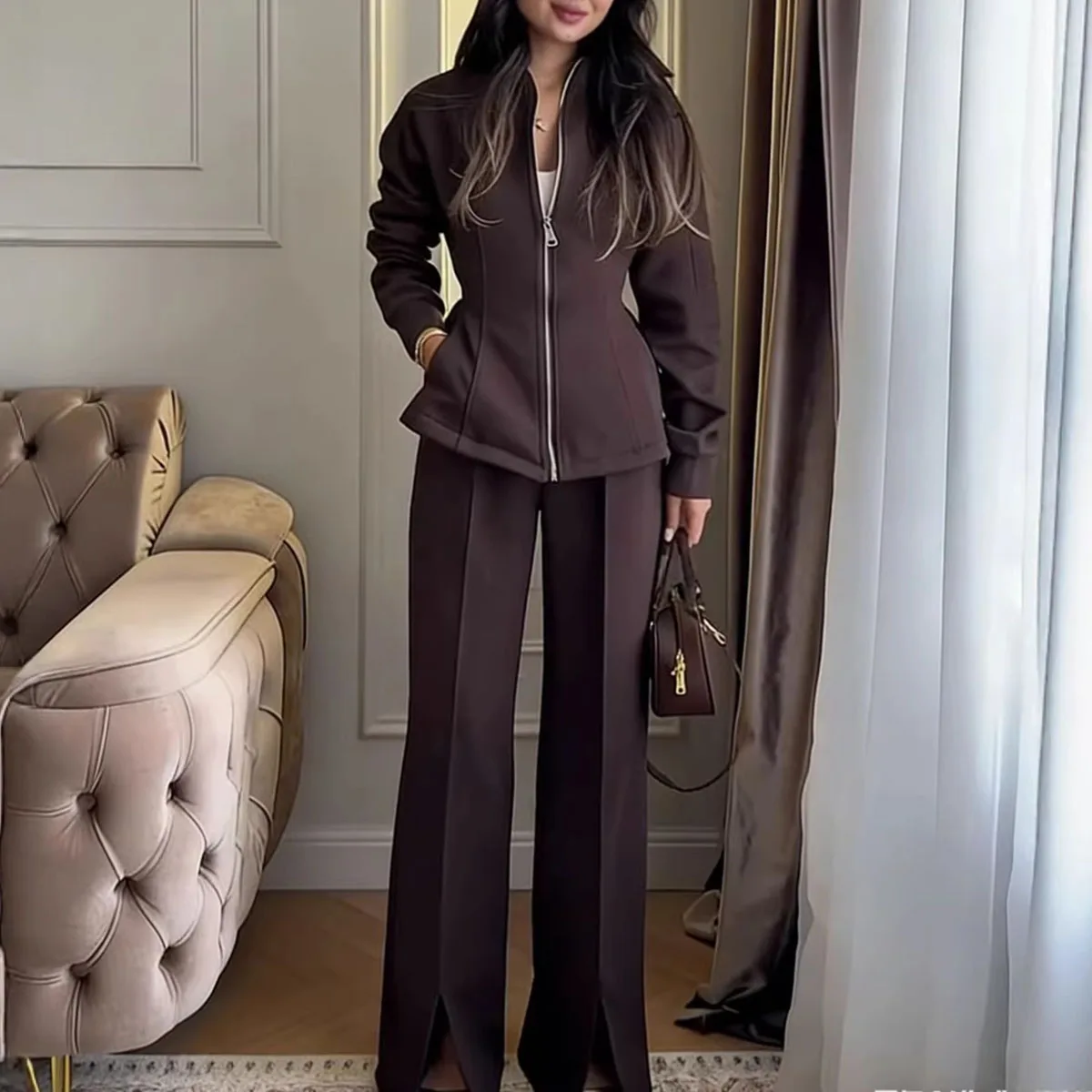 

BJTZ 2026 Spring Autumn Women Solid Color Slim Fit Split Pants Set Elegant Commute Fashion Two Piece Outfit