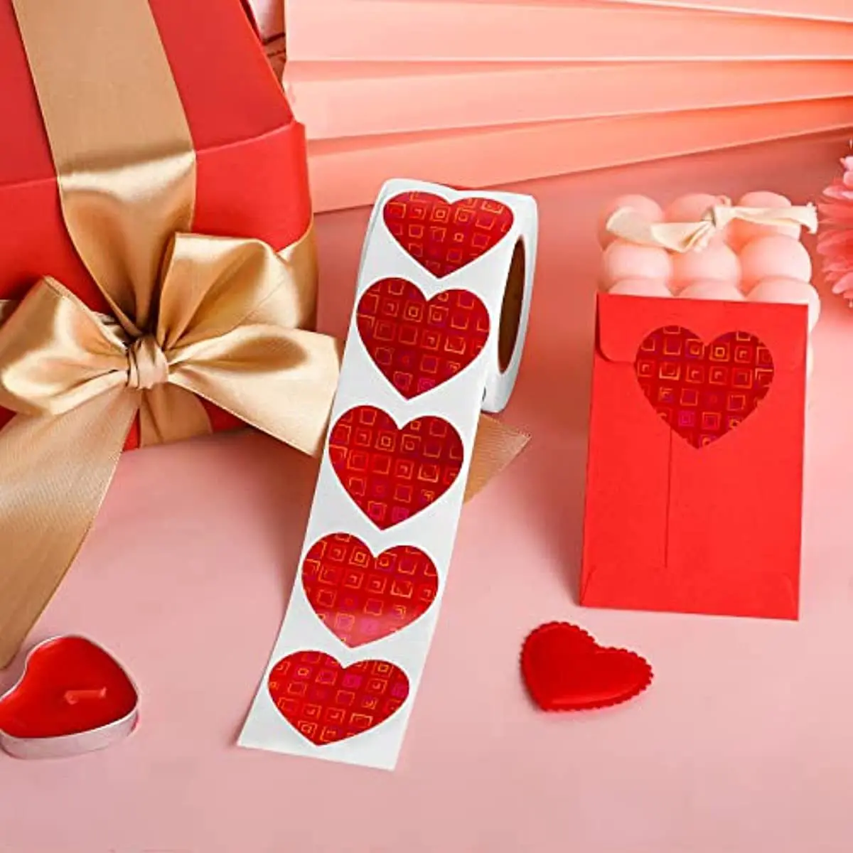 500pcs/Rolled Red Love Shaped Stickers 1inch 25mm Valentine'S Day Stickers With Glittering Patterns Gift Decoration Labels