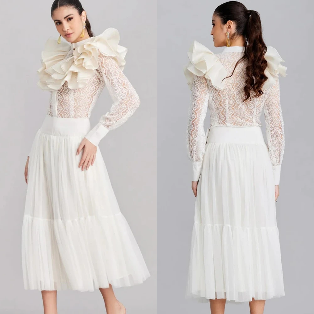 Mesprit stile moderno collo alto a-line pizzo drappeggiato pieghe increspato alla caviglia Tulle abiti da cerimonia su misura Prom