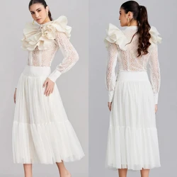 Customized Mesprit Modern Style High collar A-line Lace Draped Pleat Ruched Ankle-Length Tulle Bespoke Occasion Dresses Prom