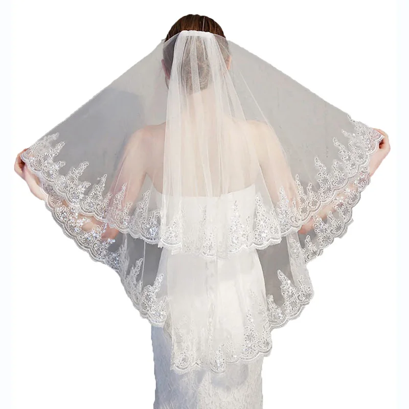 

Women's 2 Tier Lace Sequins Edge Wedding Veil With Comb Fingertip Length Bridal Hair Accessories